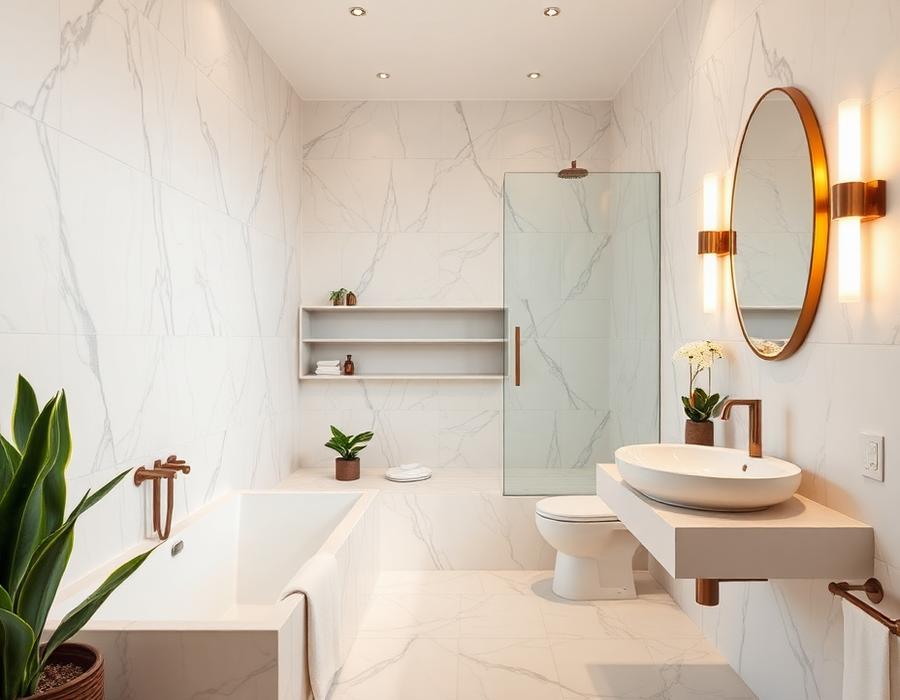 Elegantes Badezimmer mit Marmorfliesen und warmer Beleuchtung