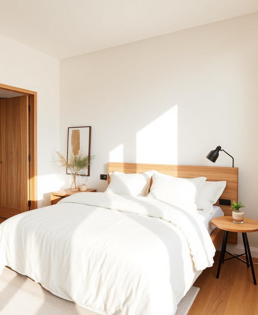 Helles, modernes Schlafzimmer mit Holzakzenten und Leinenbettwäsche
